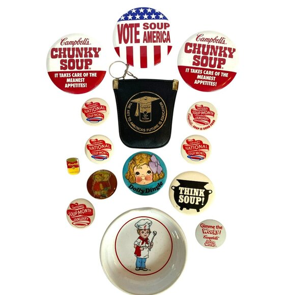 Campbells Soup Vintage Buttons Pin Ashtray Dolly Dingle RARE! 1 of a KIND! - Picture 1 of 7